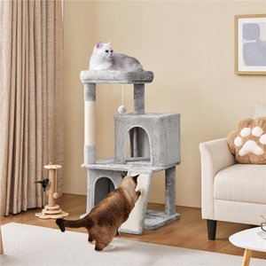 Yaheetech 3 Tiers 42-in Plush Cat Tower with Double Cat Condo, Light Gray
