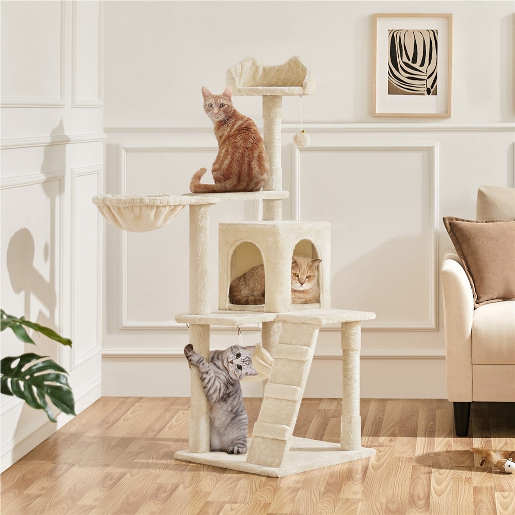 Yaheetech 54-in Plush Multi-Cat Kitten Tree & Condo, Beige