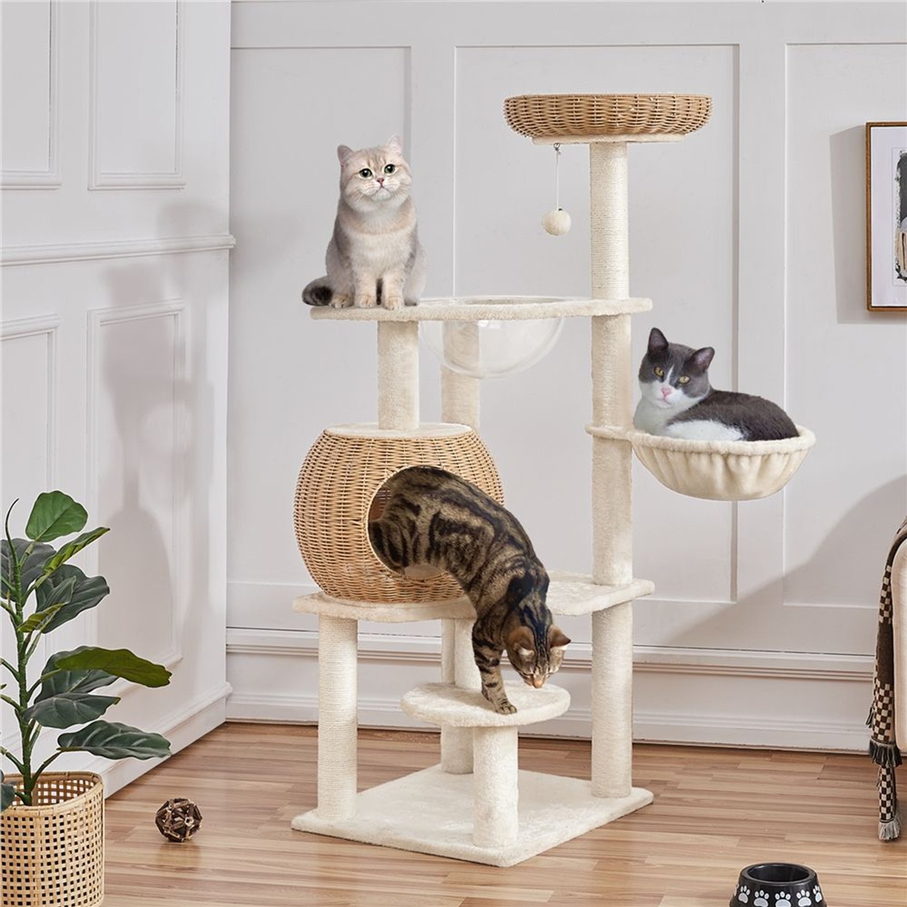 Yaheetech 54-in Plush Rattan Cat Tree & Condo, Beige