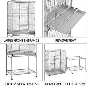 Yaheetech 54-in Rolling Metal Large Parrot Cage Mobile Bird Cage with Detachable Stand, Light Gray