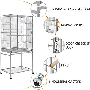 Yaheetech 54-in Rolling Metal Large Parrot Cage Mobile Bird Cage with Detachable Stand, Light Gray