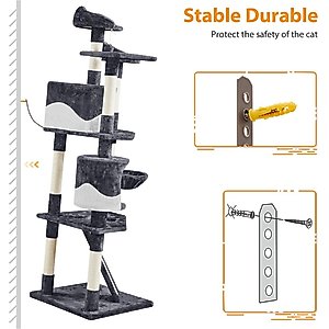 Yaheetech 79-in Plush Cat Tree & Condo, Dark Gray/White