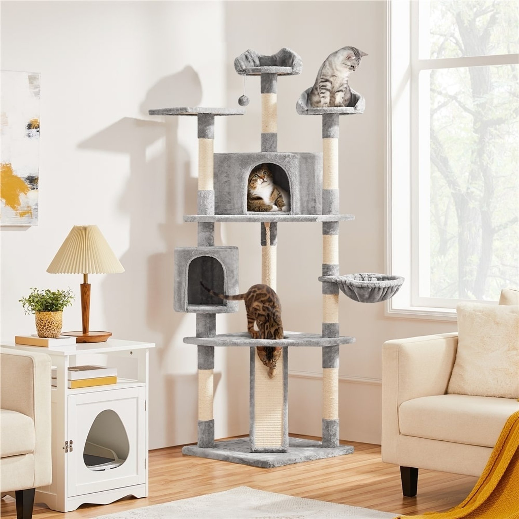 Yaheetech 79-in Plush Modern Cat Tree & Condo, Light Gray