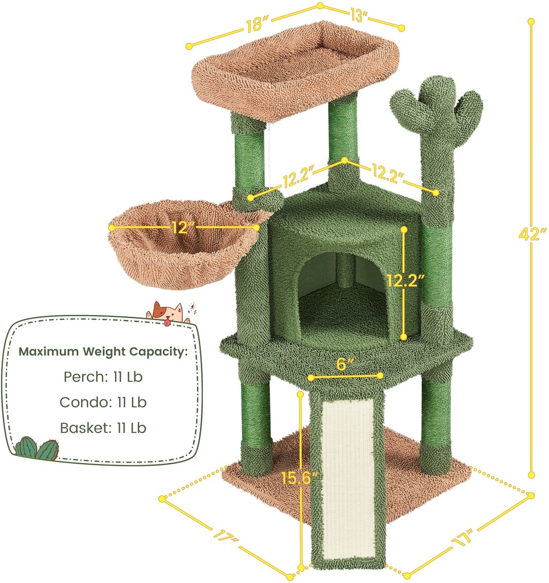YAHEETECH Cactus 42-in Plush Cat Tree, Green/Brown - Chewy.com