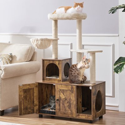 Yaheetech Yaheetech Cat Litter Box Enclosure Cat Tree & Condo, Rustic Brown & Beige