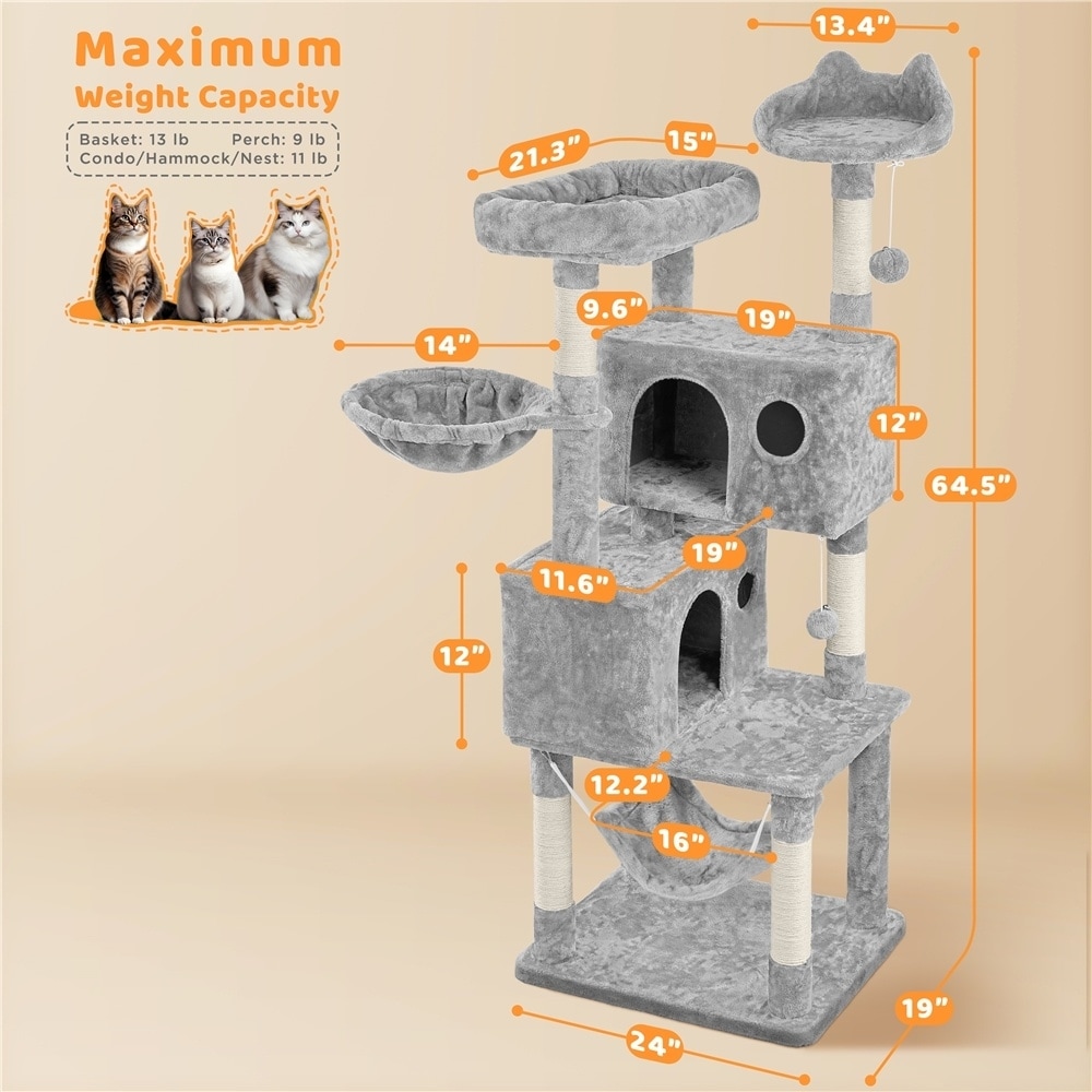Multi Core Cat Tree YAHEETECH Multi-Level Cat Tree, 64.5-in, Light Gray - Chewy.com