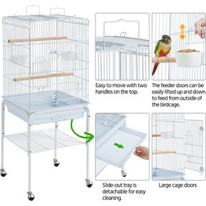 Yaheetech Play Top Detachable Rolling Stand Metal Bird Cage, White
