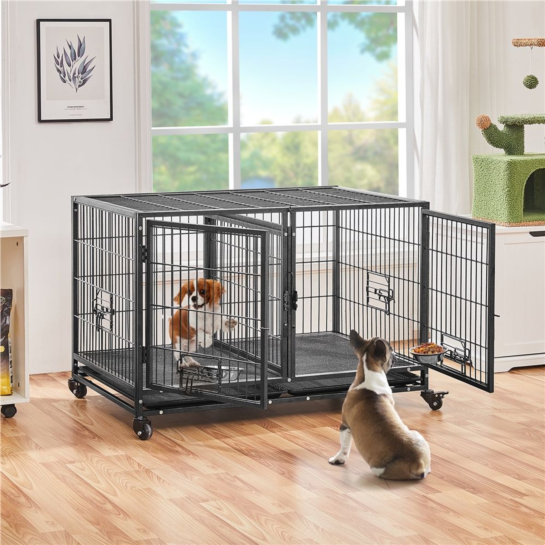 Yaheetech Rolling Dog Crate, Black, 42.5 inch