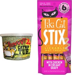 Yeowww! Organic Catnip, 2-oz tub + Tiki Cat Stix Chicken Grain-Free Cat Food Topper, 3-oz pouch, pack of 6