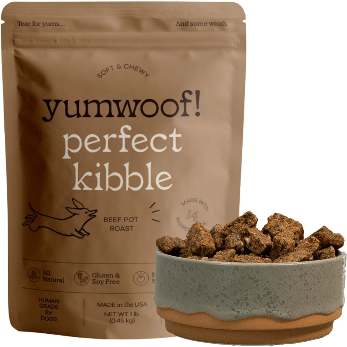 Yumwoof Natural Pet Food Perfect Kibble Gut Health Beef Pot Roast Air-Dried Dog Food, 14-oz bag