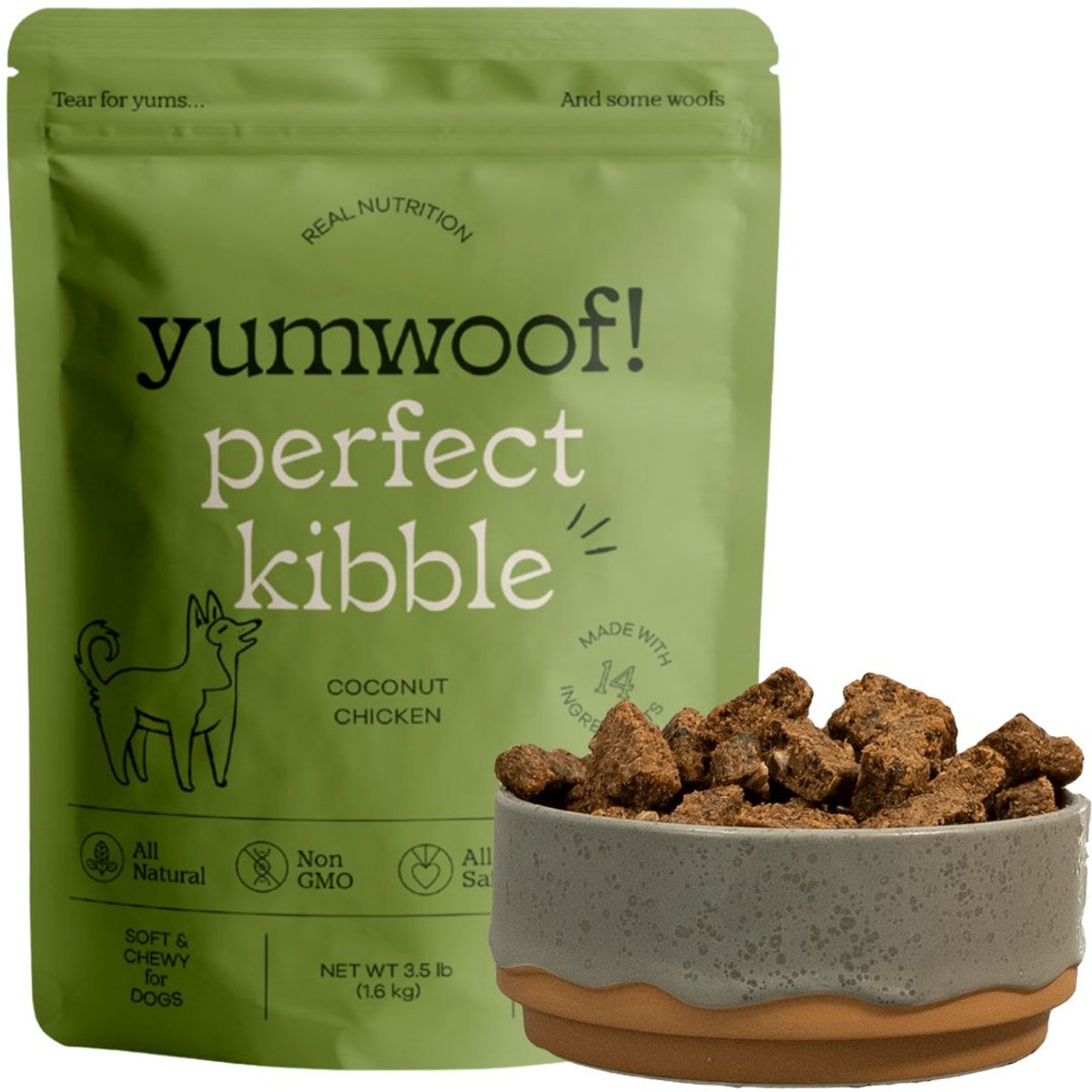 Yumwoof Natural Pet Food Perfect Kibble Gut Health Coconut Chicken Air-Dried Dog Food, 14-oz bag
