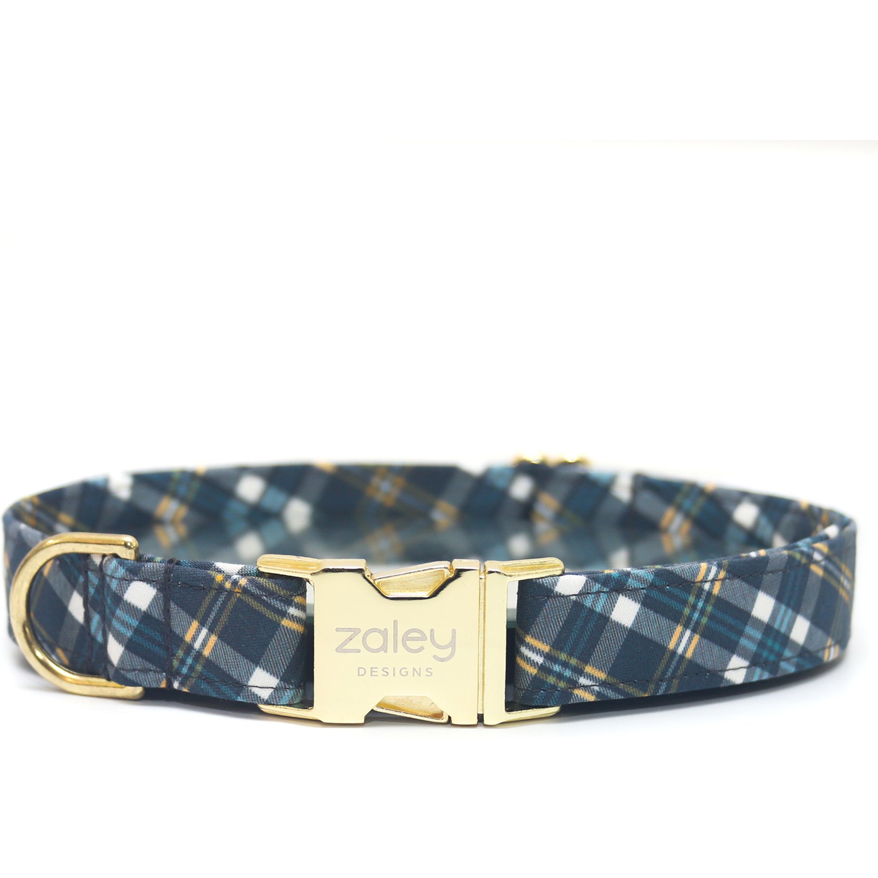 Zaley Designs Autumn Finley Plaid Cotton Adjustable Dog Collar, Navy Blue/Yellow, Small: 10 to 14-in neck, 3/4-in wide