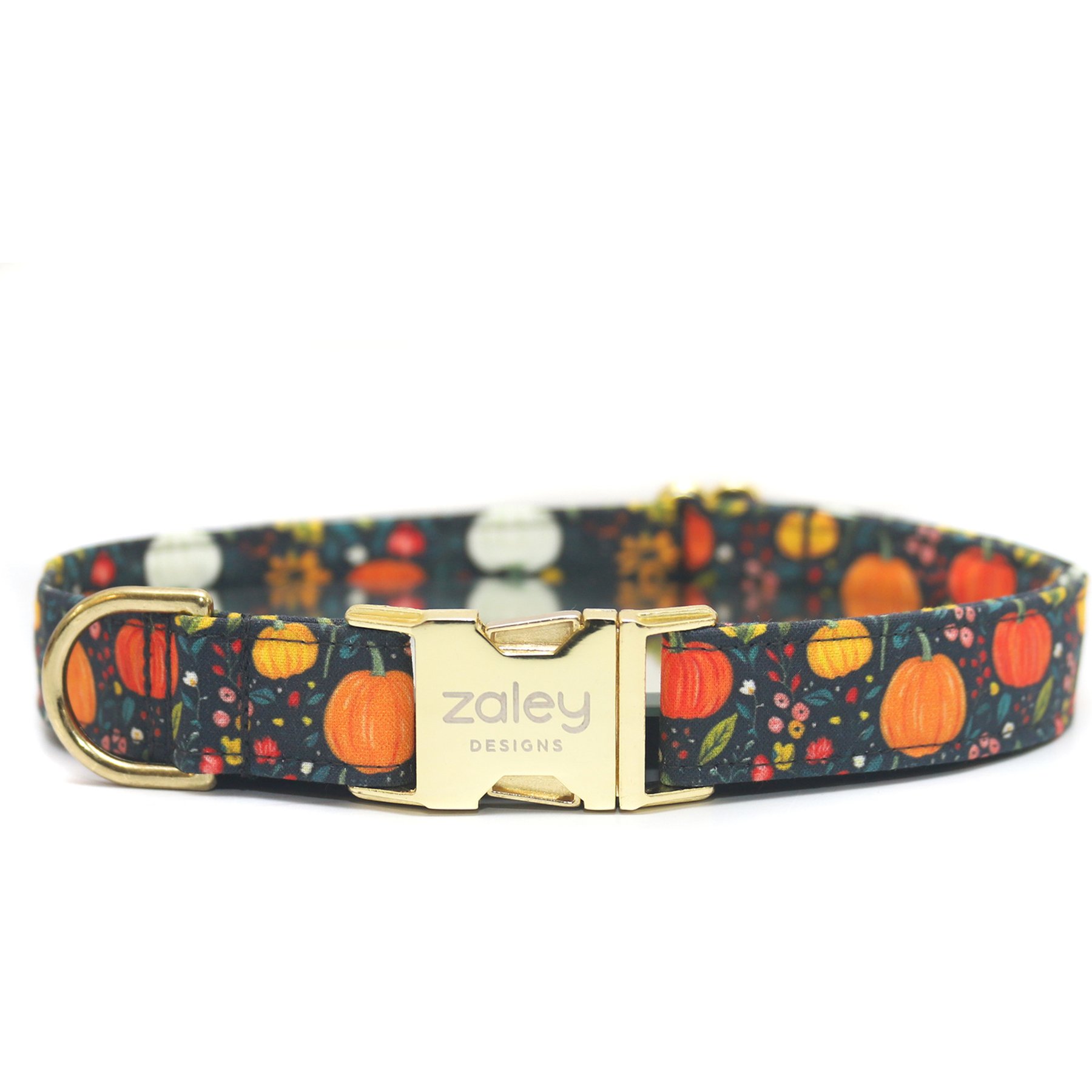 Zaley Designs Ditzy Floral Pumpkins Cotton Adjustable Dog Collar, Charcoal/Orange, Medium: 13 to 20-in neck, 1-in wide