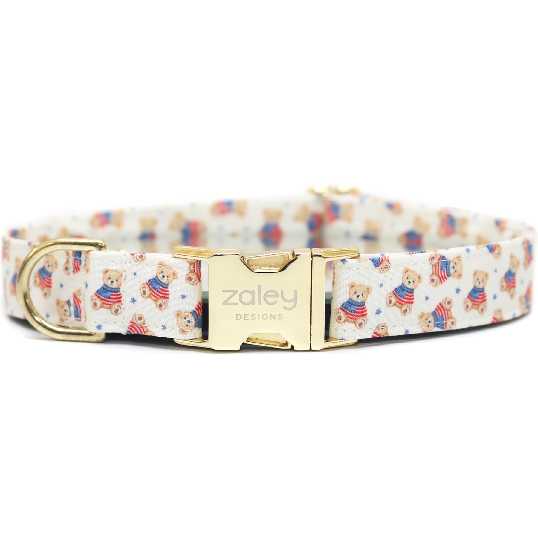 Zaley Designs USA Flag Sweater Teddy Bears Cotton Adjustable Dog Collar, White, Large: 15 to 25-in neck, 1-in wide