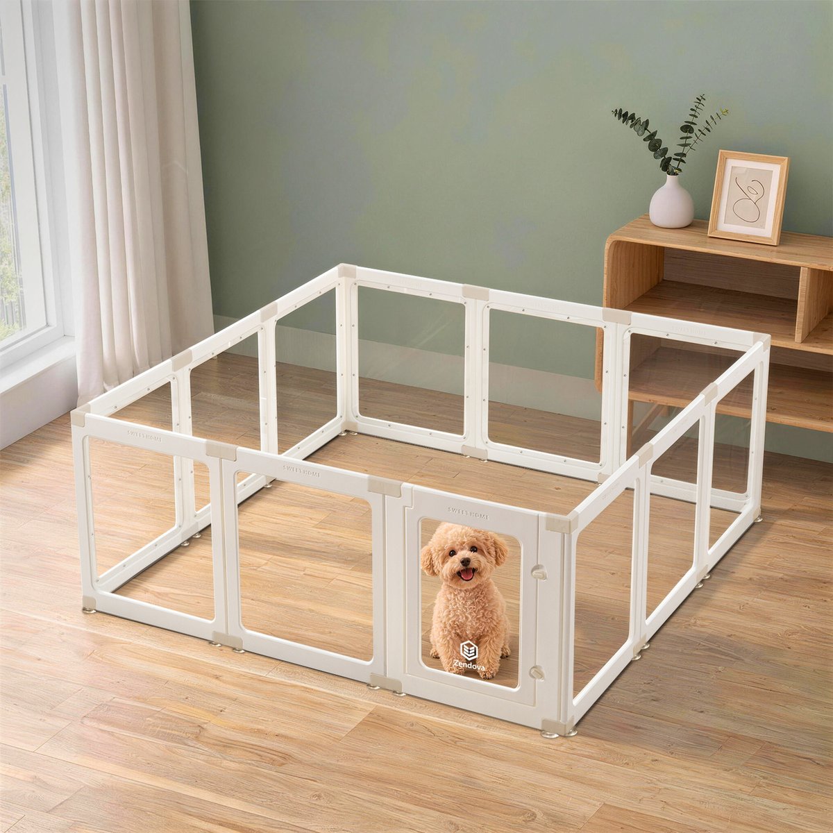 Zendova Clear Indoor Dog Playpen with Gate, Modular Puppy Pen, White, 12 Panels: 59.1 x 59.1 x 23.6-in