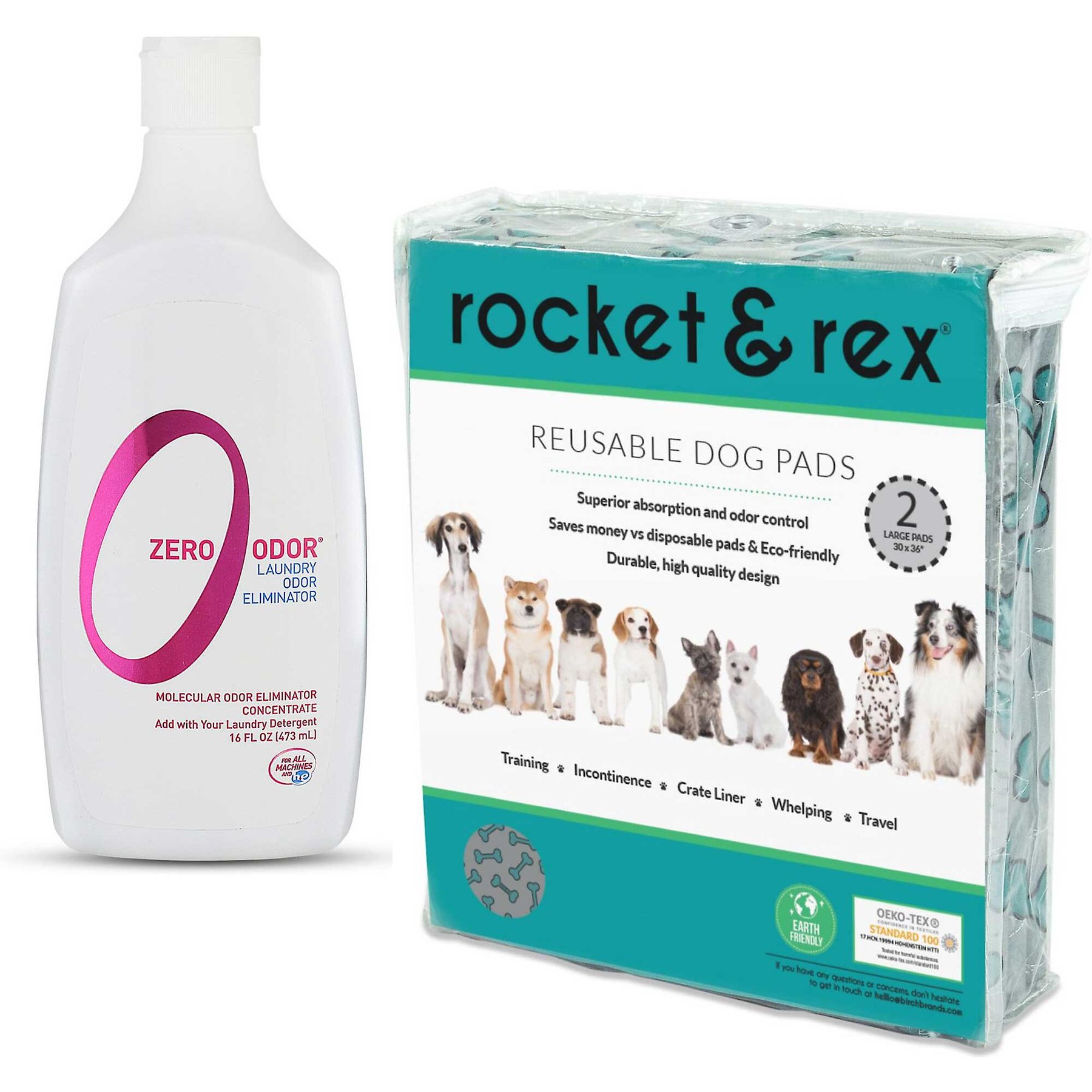 Zero Odor Laundry Odor Eliminator + Rocket & Rex Washable Puppy Training Pads, X-Large: 36 x 30-in, 2 count, Unscented