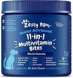 Zesty Paws 11-in-1 Bites Multifunctional MSM & Curcumin + Cranberry & Lutein Senior Chicken Flavor Dog Supplement, 90 count + Zesty Paws Seniors Advanced Cognition Bites Chicken Flavor Dog Supplement, 90 count slide 2 of 9