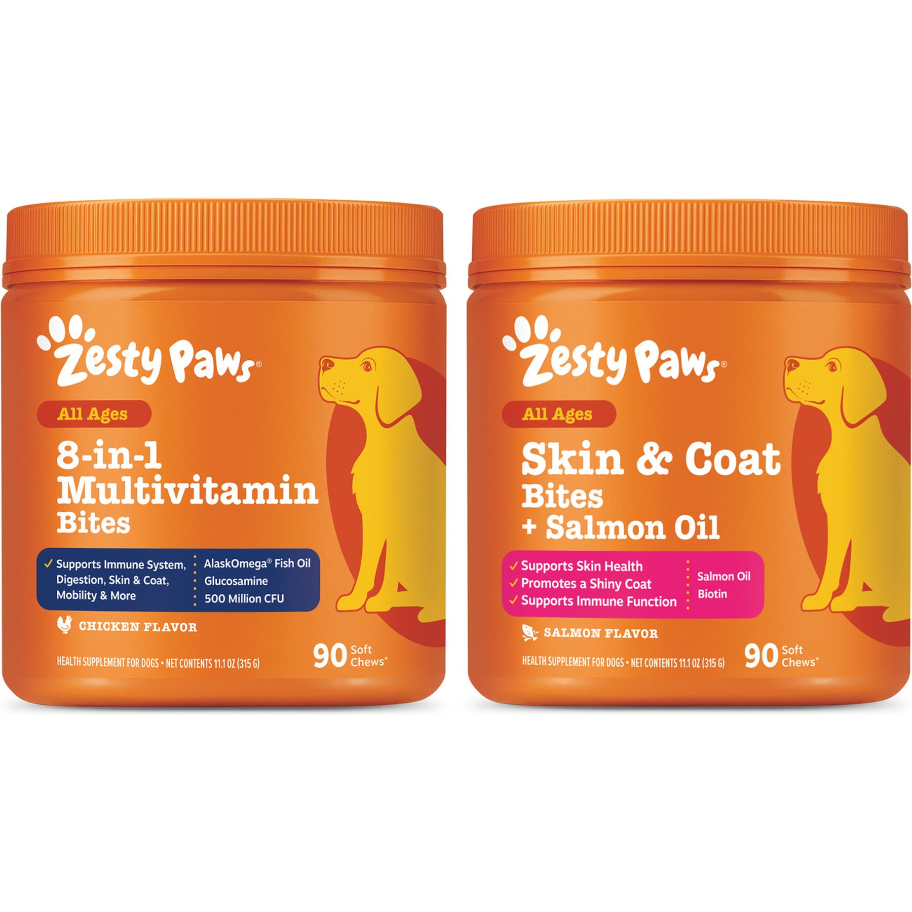 Zesty Paws 8-in-1 Multivitamin Bites + Salmon Bites Skin & Coat Dog Supplement