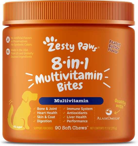 Zesty Paws 8-in-1 Bites Peanut Butter Flavored Soft Chews Multivitamin for Dogs
