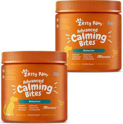 Show full view: Zesty Paws Advanced Hemp Melatonin Calming Bites Turkey Flavored Soft Chews Composure Supplement for Dogs, 180 count slide 1 of 12
