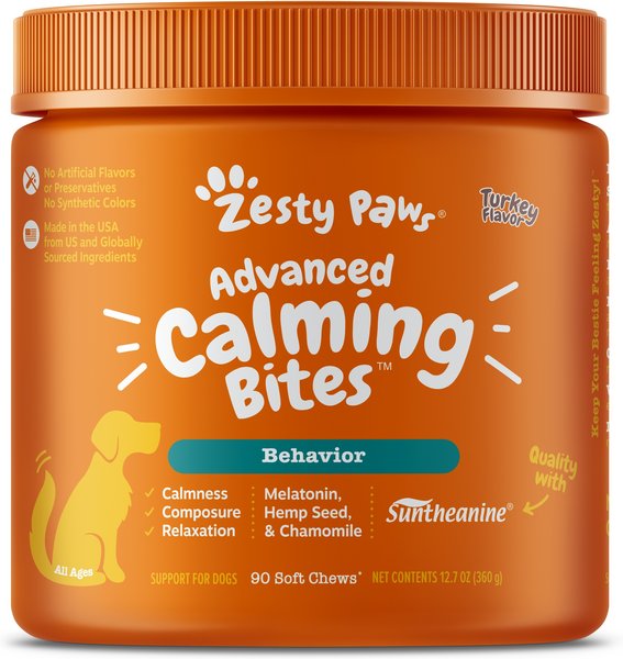 Show full view: Zesty Paws Advanced Hemp Melatonin Calming Bites Turkey Flavored Soft Chews Composure Supplement for Dogs, 90 count slide 1 of 11