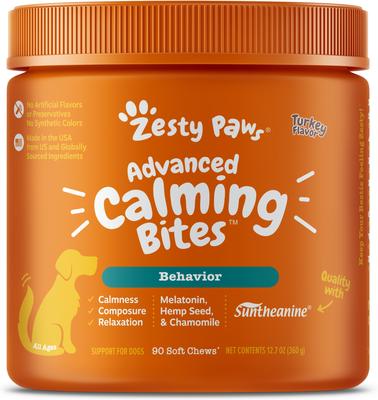 Show full view: Zesty Paws Advanced Hemp Melatonin Calming Bites Turkey Flavored Soft Chews Composure Supplement for Dogs, 90 count slide 1 of 12