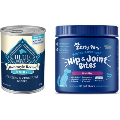 Zesty Paws Zesty Paws Advanced Mobility Chicken Flavored Chews Joint Supplement + Blue Buffalo Homestyle Recipe Chicken Dinner with Garden Vegetables Canned Food for Senior Dogs