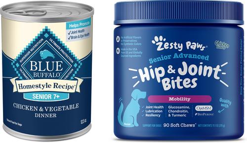Show full view: Zesty Paws Advanced Mobility Chicken Flavored Chews Joint Supplement + Blue Buffalo Homestyle Recipe Chicken Dinner with Garden Vegetables Canned Food for Senior Dogs slide 1 of 9