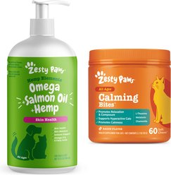 Zesty Paws All Ages Calming Bites Behavior Bacon Flavor Cat Supplement, 60 count + Zesty Paws Hemp Elements Salmon Flavored Omega Oil + Hemp Dog & Cat Supplement, 32-oz bottle