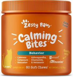 Zesty Paws All Ages Calming Bites Behavior Bacon Flavor Cat Supplement, 60 count + Zesty Paws Hemp Elements Salmon Flavored Omega Oil + Hemp Dog & Cat Supplement, 32-oz bottle slide 2 of 9