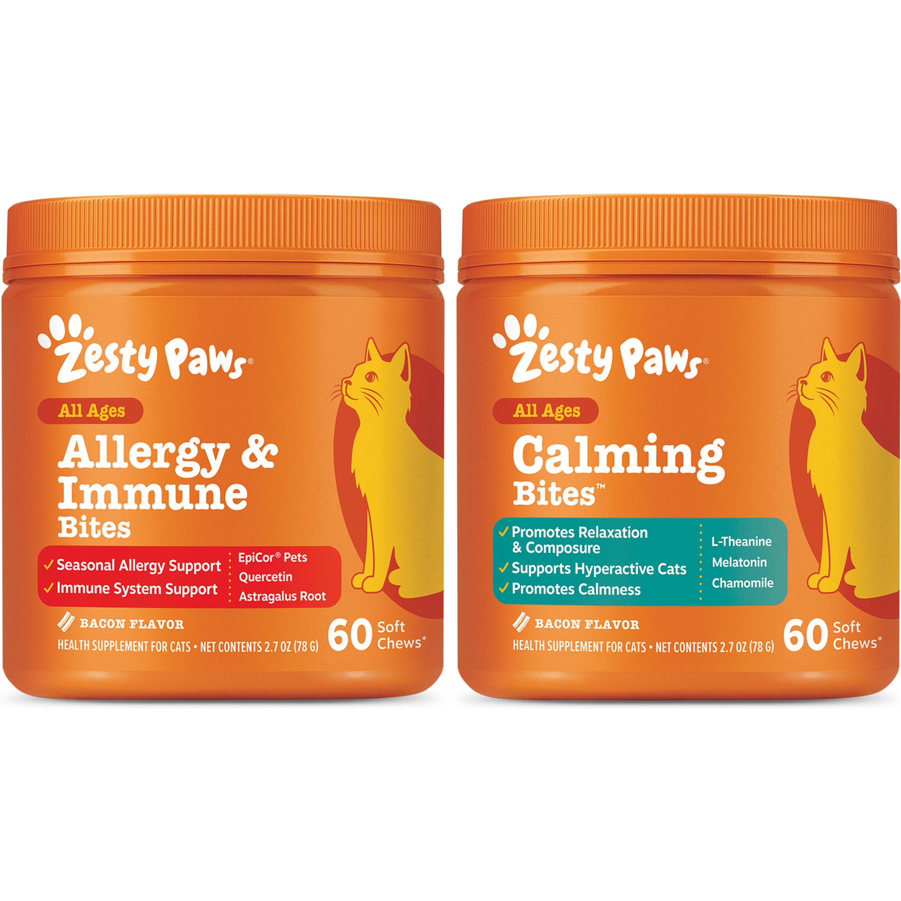 Zesty Paws All Ages Calming Bites Behavior Bacon Flavor Supplement + Aller-Immune System Bites Bacon Flavor Cat Supplement
