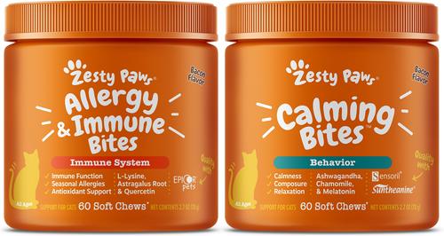 Show full view: Zesty Paws All Ages Calming Bites Behavior Bacon Flavor Supplement + Aller-Immune System Bites Bacon Flavor Cat Supplement slide 1 of 10