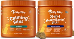 Zesty Paws All Ages, Calming Bites, Peanut Butter Flavored Soft Chews + 8-in-1 Multivitamin Bites Chicken Flavor Dog Supplement