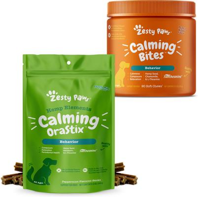Show full view: Zesty Paws All Ages, Calming Bites, Peanut Butter Flavored Soft Chews, Behavior Functional Dog Supplement, 90 count + Zesty Paws Calming Orastix Peppermint Flavor Dog Supplement, 12-oz bag slide 1 of 9