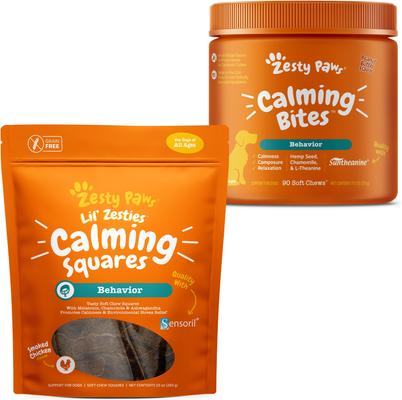 Show full view: Zesty Paws All Ages, Calming Bites, Peanut Butter Flavored Soft Chews, Behavior Functional Dog Supplement, 90 count + Zesty Paws Calming Squares Stress & Anxiety Smoked Chicken Flavor Soft Chew Dog Supplement, 10-oz bag slide 1 of 9