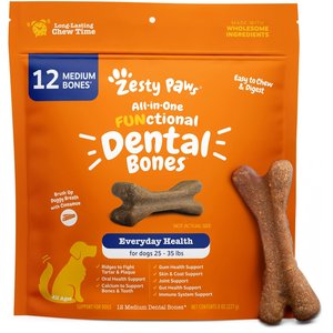 Zesty Paws All-in-One FUNctional Dental Bones Dental Chews for Medium Dogs, 12 count