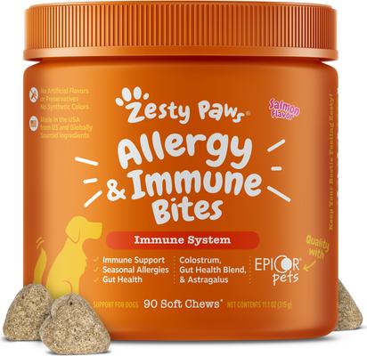 Show full view: Zesty Paws Allergy & Immune Bites Salmon Flavored Soft Chews Allergies, Immune, & Gut Support Supplement for Dogs, 90 count slide 1 of 12