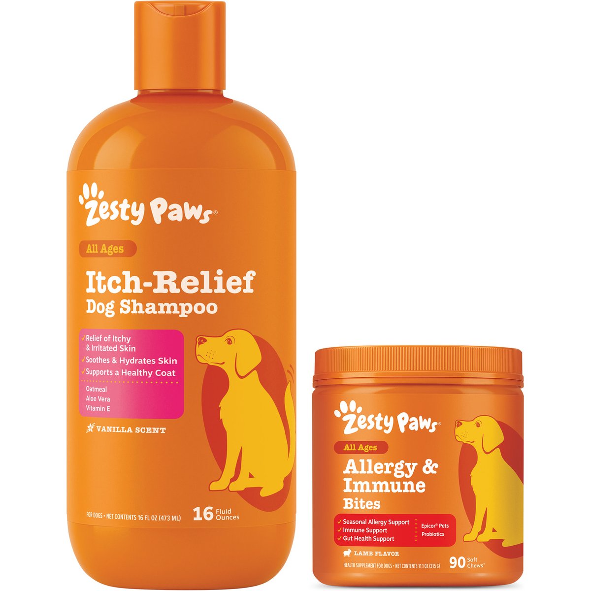 Zesty Paws Allergy & Immune Support Lamb Flavor Soft Chew Dog Supplement, 90 count + Zesty Paws Oatmeal Anti-Itch Dog Shampoo with Aloe Vera & Vitamin E, 16-oz bottle