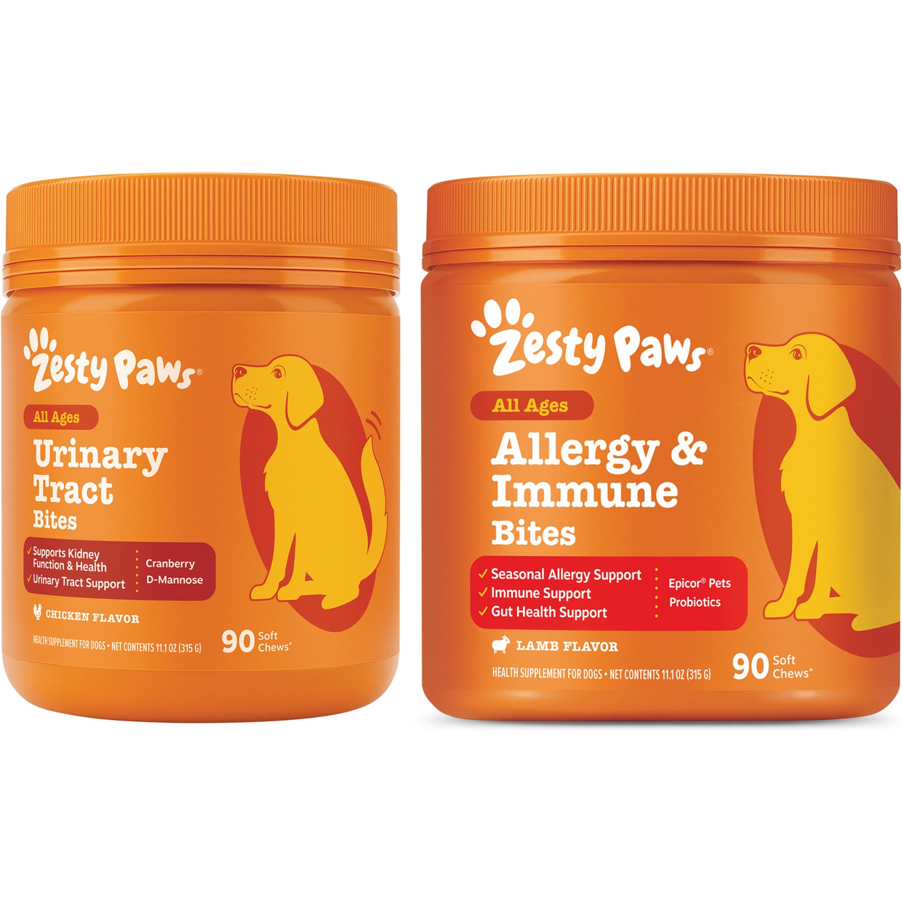 Zesty Paws Allergy & Immune Support Lamb Flavor Soft Chew Supplement + Cranberry Bladder Bites Urinary Tract Support Chicken Flavor Chews for Dogs