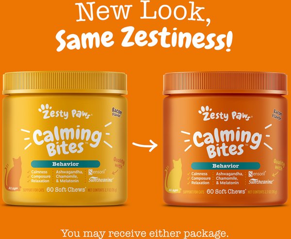 Show full view: Zesty Paws Calming Bites Bacon Flavored Soft Chews Melatonin Supplement for Cats, 60 count slide 2 of 11