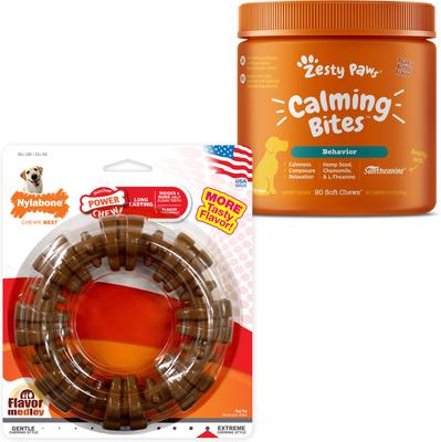 Show full view: Zesty Paws Calming Bites Peanut Butter Flavored Soft Chews Calming Supplement, 90 count + Nylabone Power Chew Textured Dog Chew Ring Toy Ring Flavor Medley, X-Large slide 1 of 9