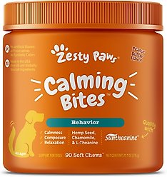 Zesty Paws Calming Bites Peanut Butter Flavored Soft Chews Calming Supplement, 90 count + Nylabone Power Chew Textured Dog Chew Ring Toy Ring Flavor Medley, X-Large slide 2 of 9