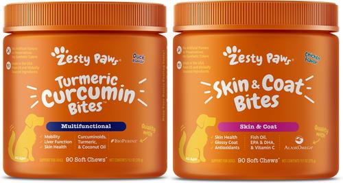 Show full view: Zesty Paws Core Elements Omega Bites Skin & Coat Health Chicken Flavor Soft Chew Dog Supplement, 90 count + Zesty Paws Curcumin Bites Everyday Vitality Duck Flavor Dog Supplement, 90 count slide 1 of 9