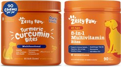 Zesty Paws Curcumin Bites Everyday Vitality Duck Flavor Dog Supplement, 90 count + Zesty Paws 8-in-1 Multifunctional Chicken Flavor Soft Chew Dog Supplement, 90 count