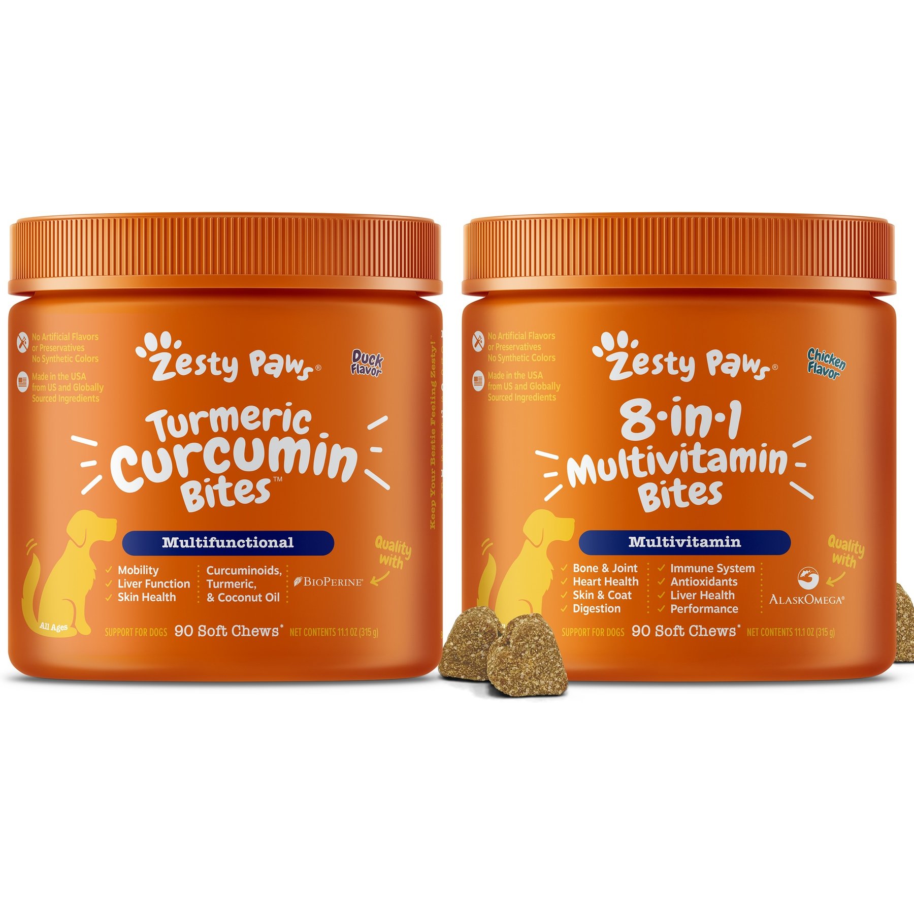 Zesty Paws Curcumin Bites Everyday Vitality Duck Flavor Dog Supplement, 90 count + Zesty Paws 8-in-1 Multifunctional Chicken Flavor Soft Chew Dog Supplement, 90 count