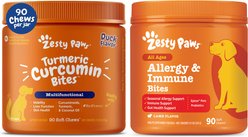 Zesty Paws Curcumin Bites Everyday Vitality Duck Flavor Dog Supplement, 90 count + Zesty Paws Allergy & Immune Support Lamb Flavor Soft Chew Dog Supplement, 90 count