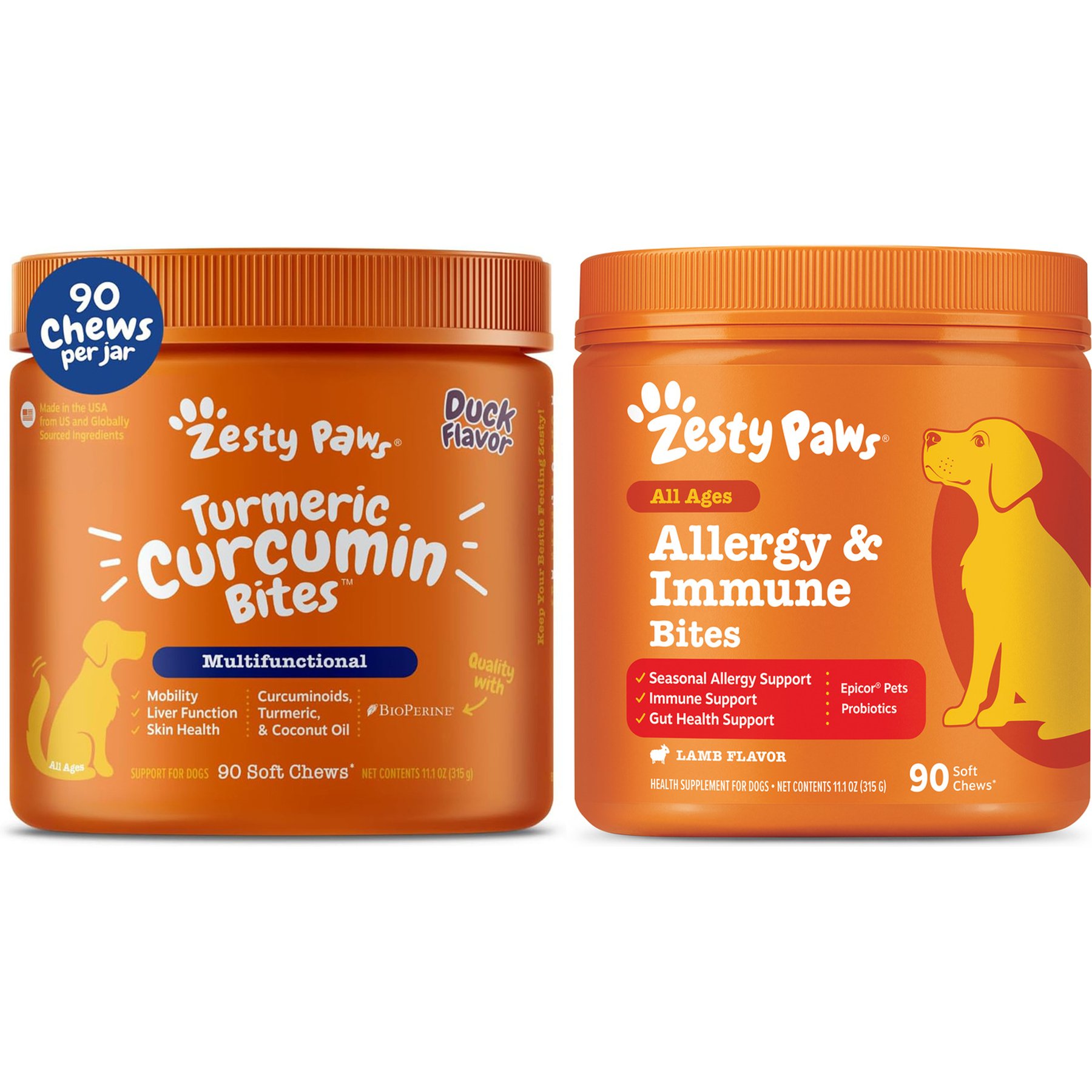 Zesty Paws Curcumin Bites Everyday Vitality Duck Flavor Dog Supplement, 90 count + Zesty Paws Allergy & Immune Support Lamb Flavor Soft Chew Dog Supplement, 90 count