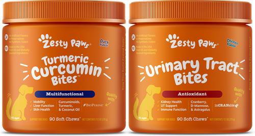 Show full view: Zesty Paws Curcumin Bites Everyday Vitality Duck Flavor Dog Supplement, 90 count + Zesty Paws Cranberry Bladder Bites Urinary Tract Support Chicke Flavor Chews for Dogs, 90 count slide 1 of 9