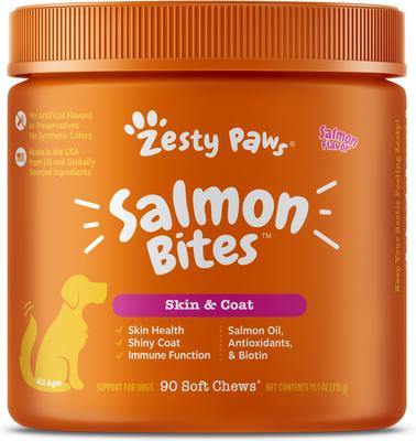 Show full view: Zesty Paws Curcumin Bites Everyday Vitality Duck Flavor Dog Supplement, 90 count + Zesty Paws Salmon Bites Skin & Coat Dog Supplement, 90 count slide 6 of 9