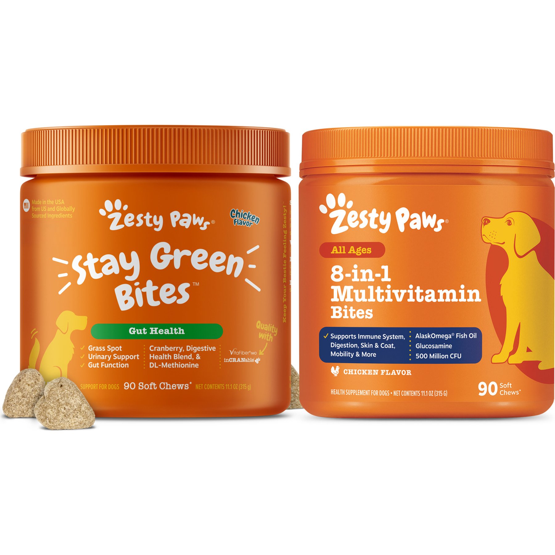 Zesty Paws Grass Defense Stay Green Bites Digestive & Immune Health + 8-in-1 Multivitamin Bites Chicken Flavor Dog Supplement